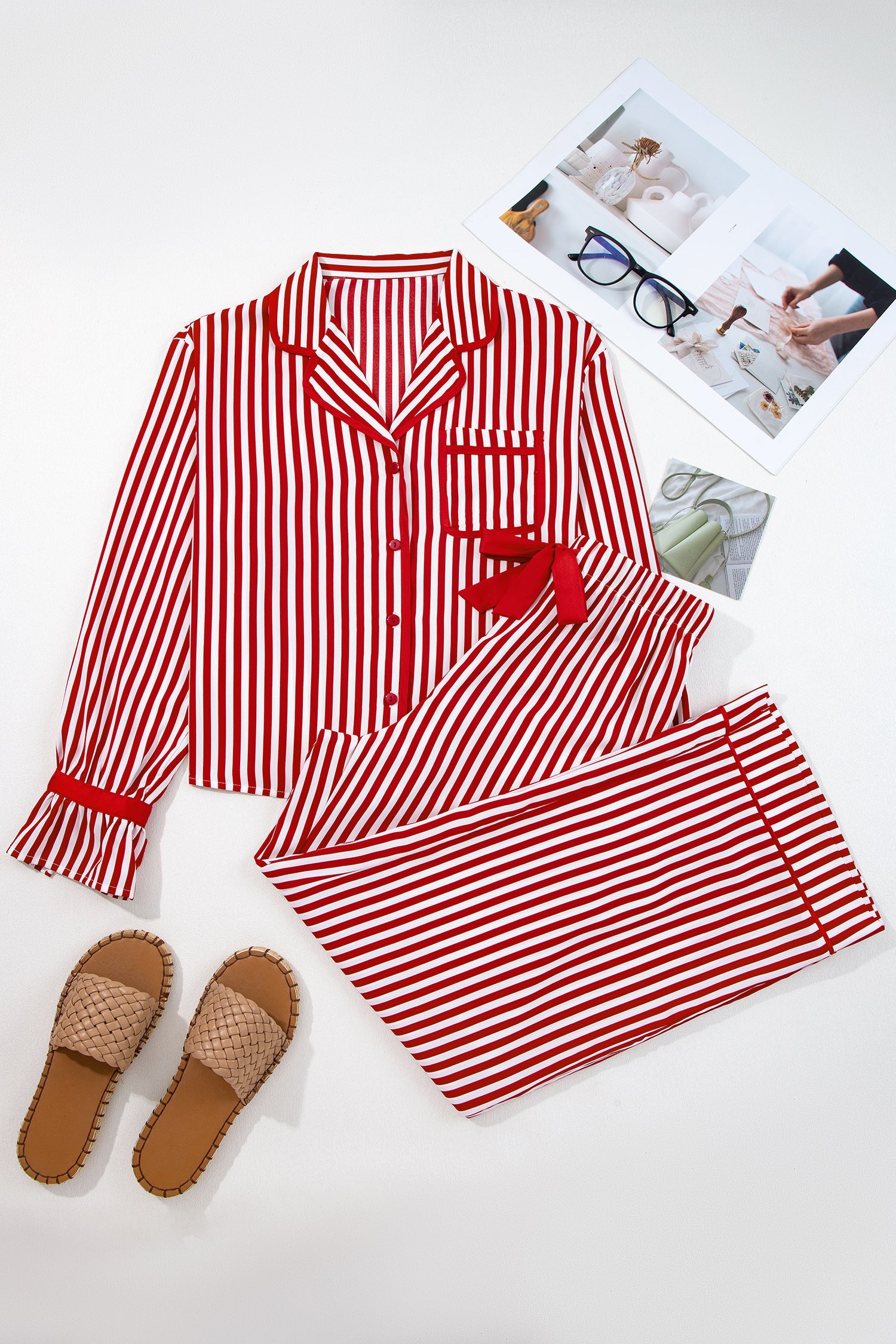 Red Stripe Contrast Velvet Trim Bow Knot Waist 2pcs Pajama Set Dear-Lover Dropshipping