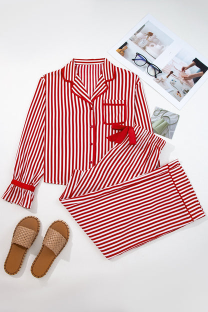 Red Stripe Contrast Velvet Trim Bow Knot Waist 2pcs Pajama Set Dear-Lover Dropshipping