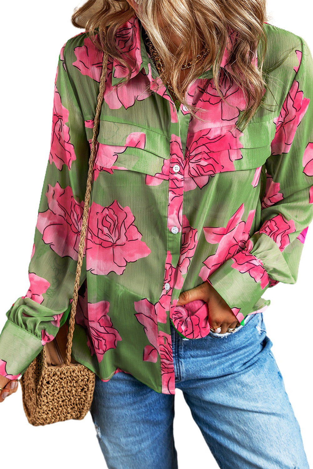 Green Floral Print Pleated Detail Puff Sleeve Shirt****