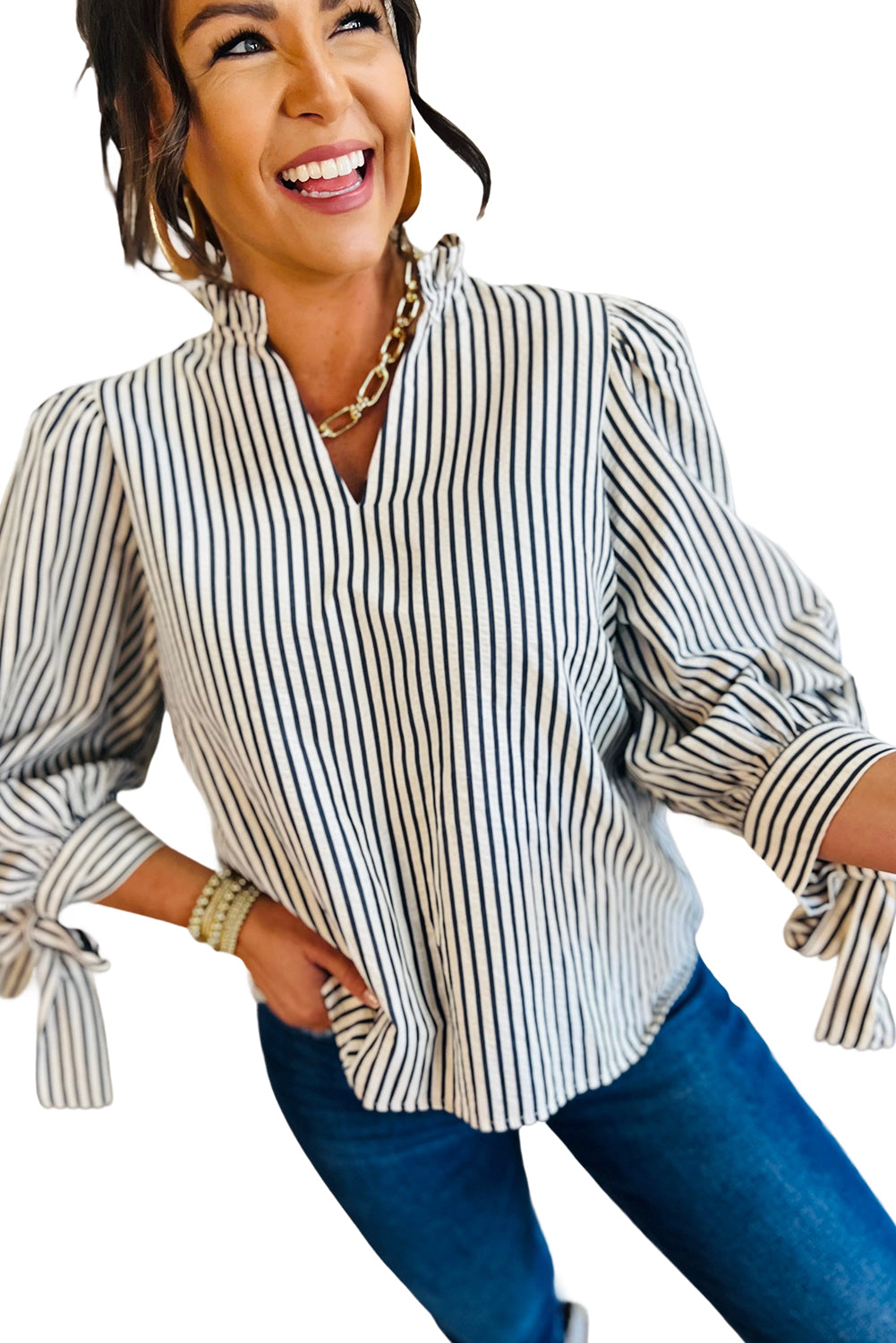 Black Stripe Frill V Neck Knot Cuffs Blouse Shewin