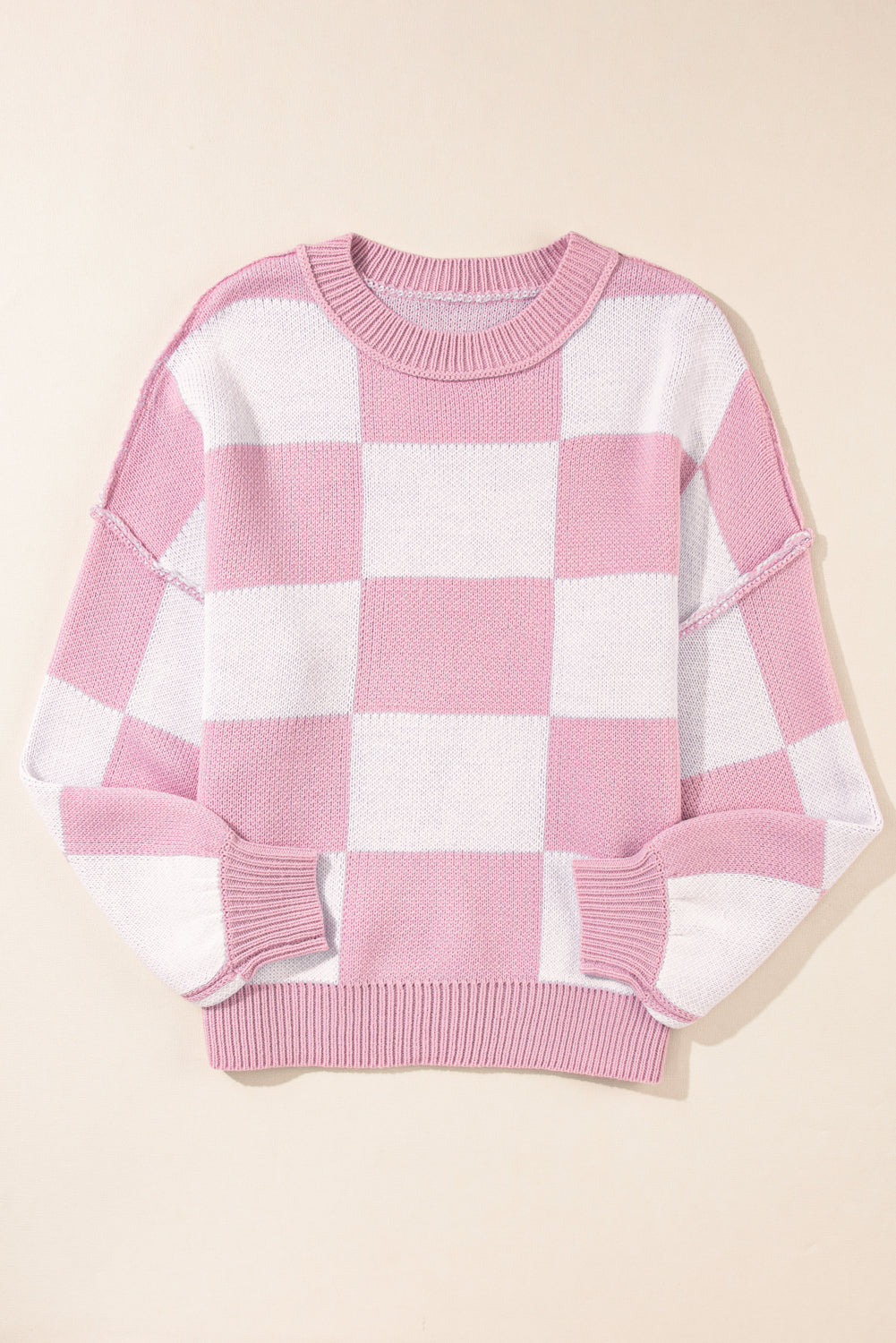 Pink Checked Bishop Sleeve Pullover Sweater