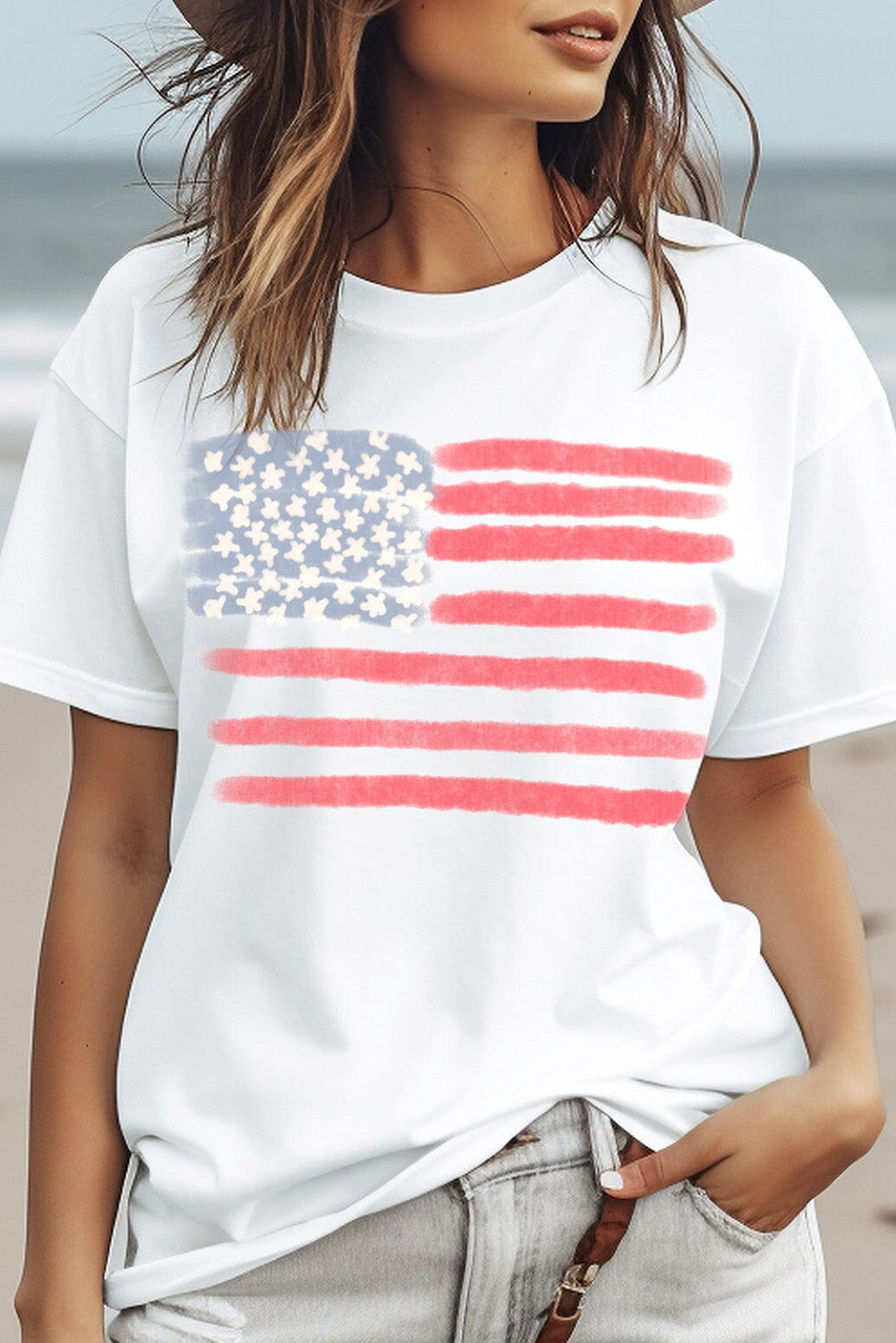 White American Flag Star & Stripe Graphic Crewneck Tee