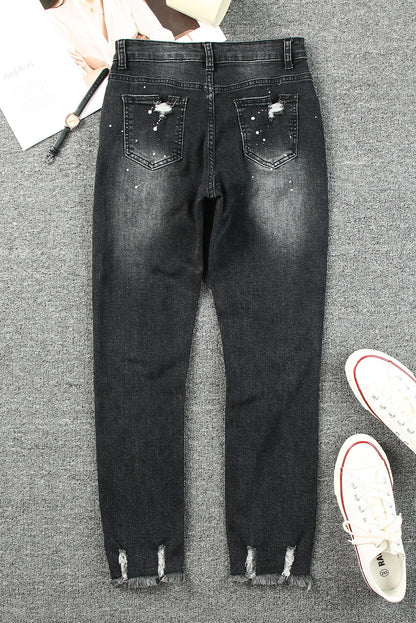 Black Ink Splash Distressed Skinny Jeans