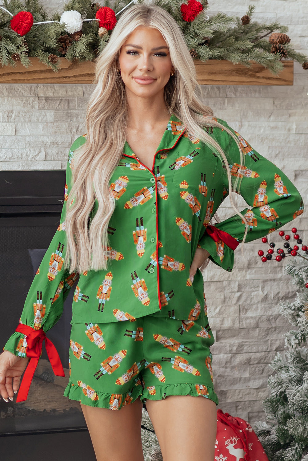 Pink Christmas Candy Contrast Trim Bow Knot Silky 2pcs Pajama Set Dear-Lover Dropshipping
