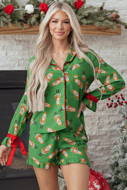 Pink Christmas Candy Contrast Trim Bow Knot Silky 2pcs Pajama Set Dear-Lover Dropshipping