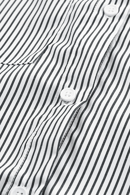 Black Striped Casual Shirred Cuffs Shirt