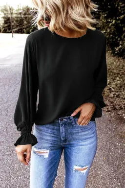 Black Smocked Cuffs Long Sleeve Blouse