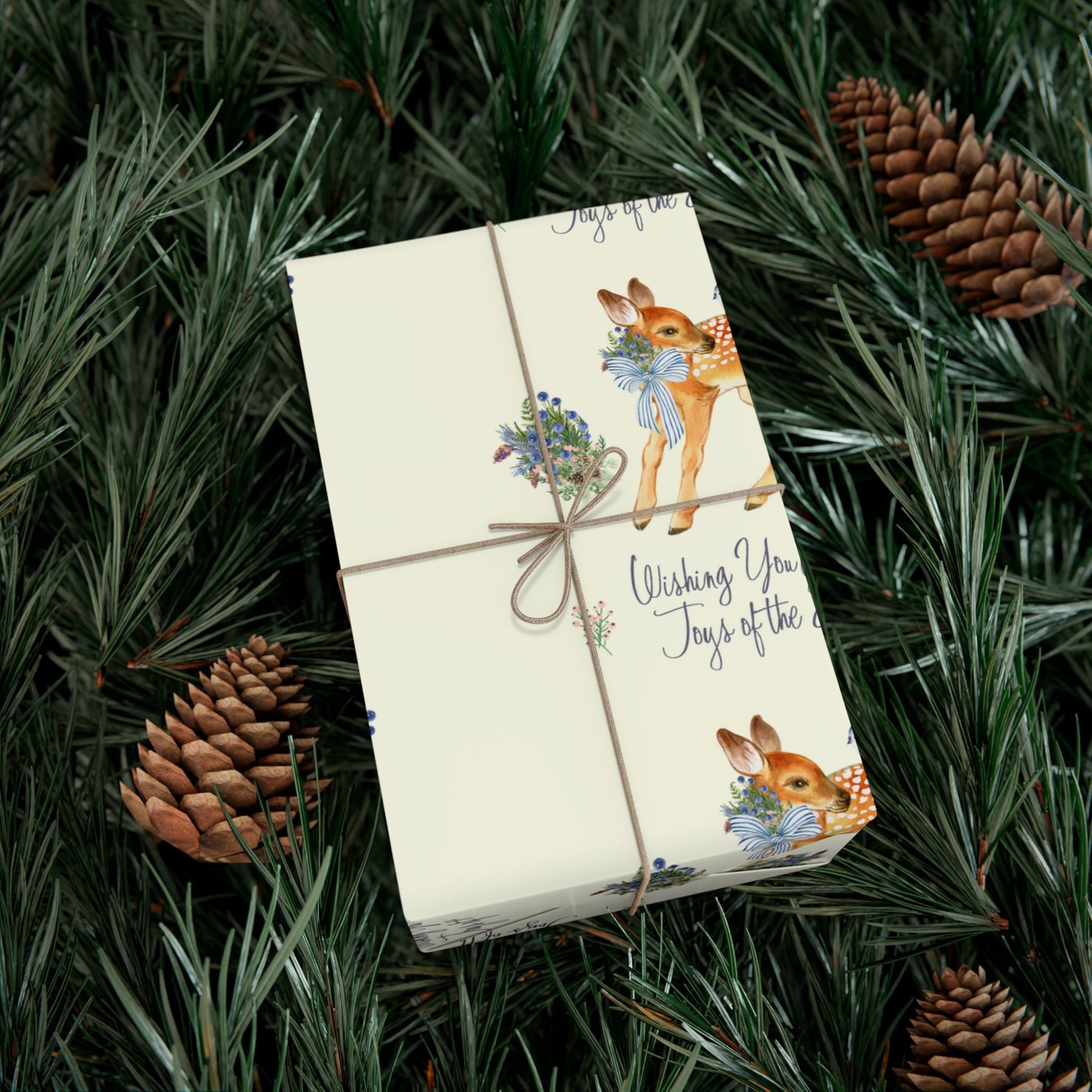 Chinoiserie Christmas Deer Wrapping Paper Rolls, Holiday Gift Packaging, Festive Xmas Patterns, Vintage Woodland Printify