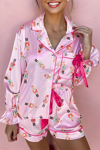 Beige Nutcracker Print Contrast Trim Tied up Bow Silky 2pcs Pajama Set Dear-Lover Dropshipping