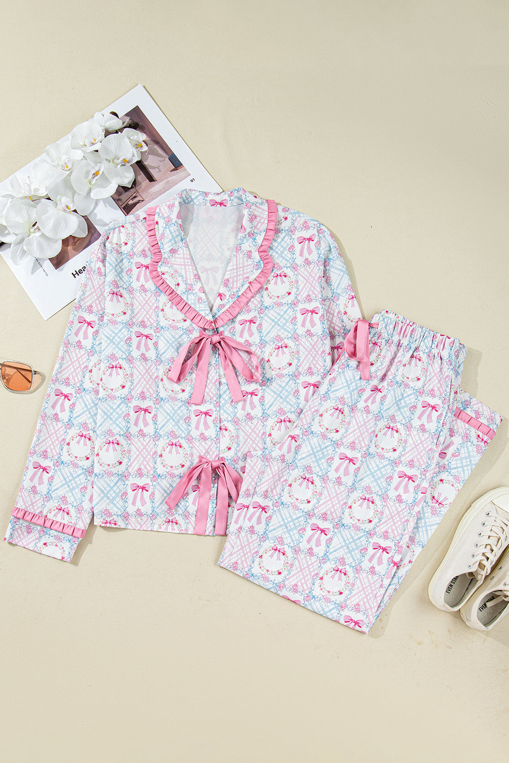 Pink Bow Wreath Pattern Christmas Holiday Tied Front Long Sleeve 2pcs Pajama Set Dear-Lover Dropshipping