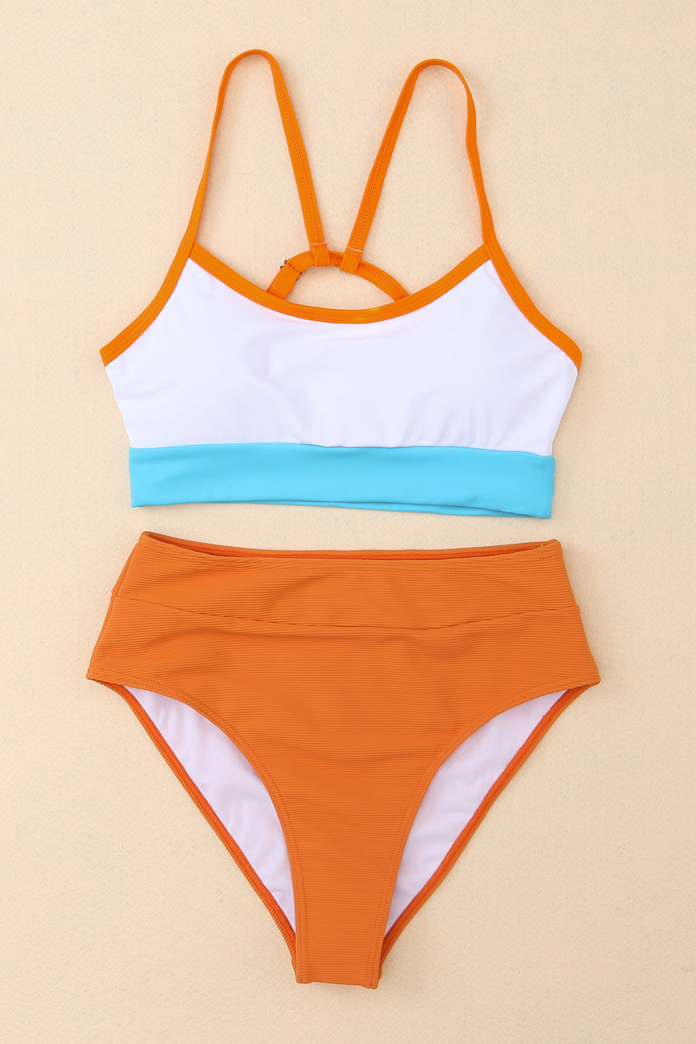 Orange Color Block Spaghetti Strap High Waist Two Piece Swimsuit