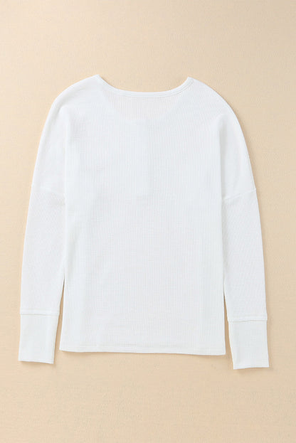 White Waffle Knit Henley Top