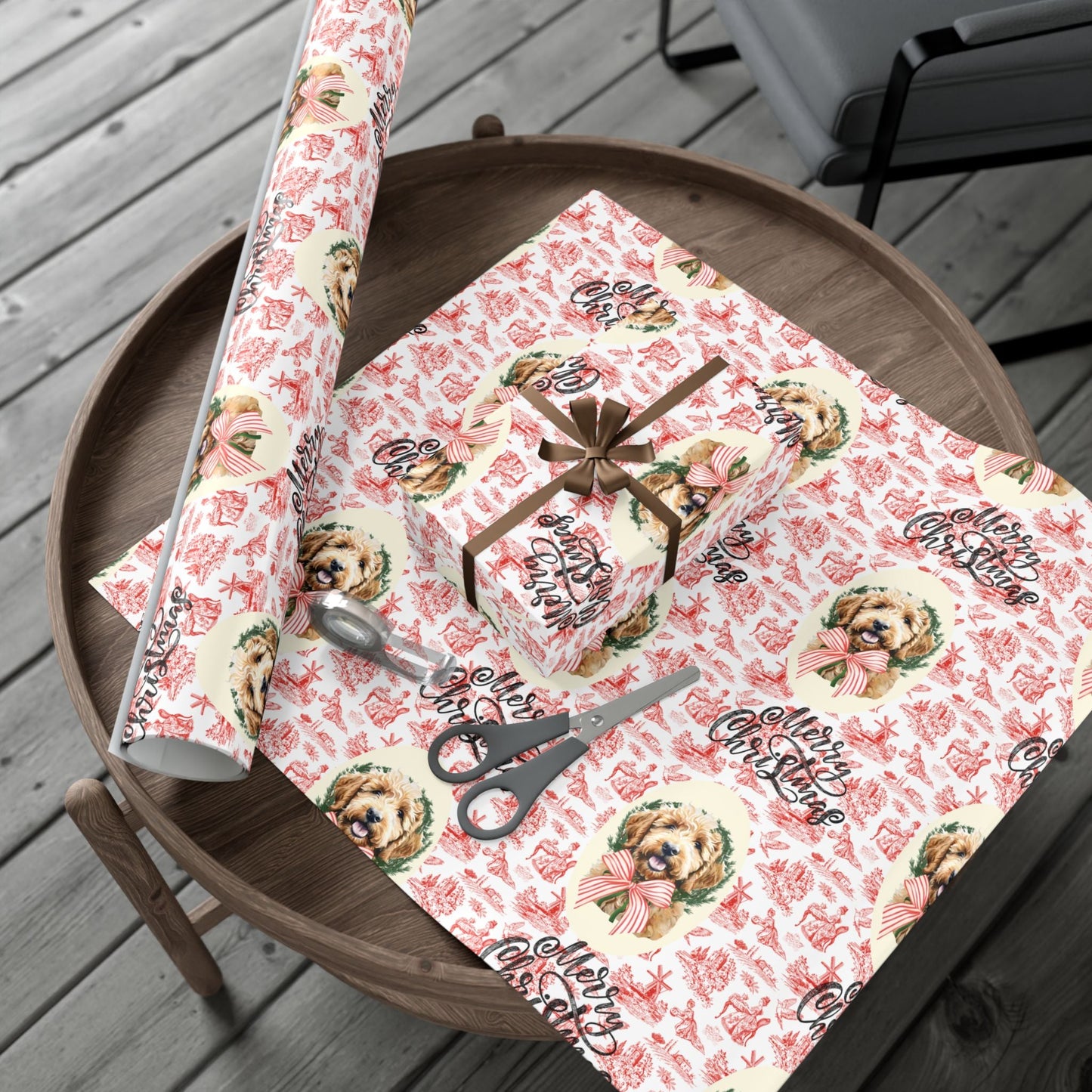 Vintage Red Toile Goldendoodle Christmas Wrapping Paper Printify