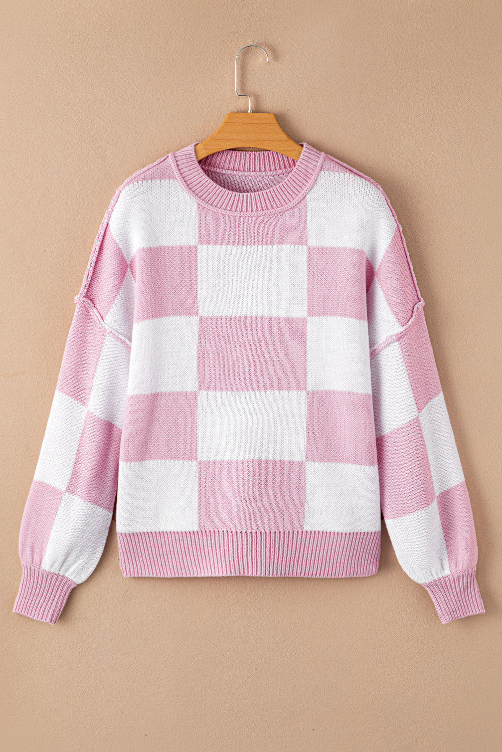 Pink Checked Bishop Sleeve Pullover Sweater