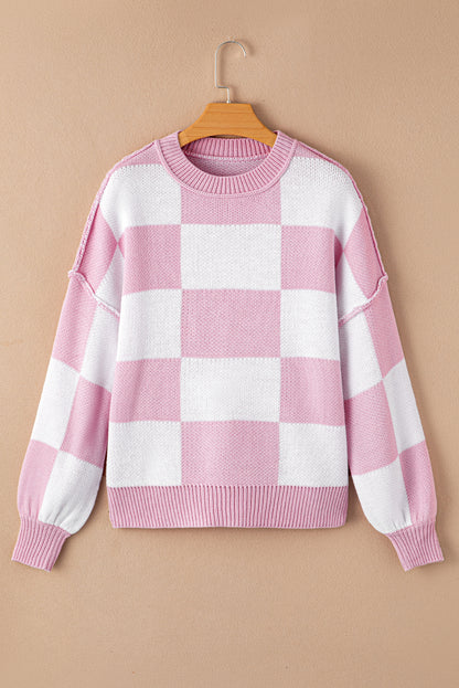 Pink Checked Bishop Sleeve Pullover Sweater