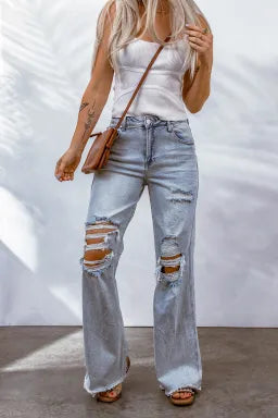 Light Blue Washed Wide Leg Raw Hem Distressed Jeans