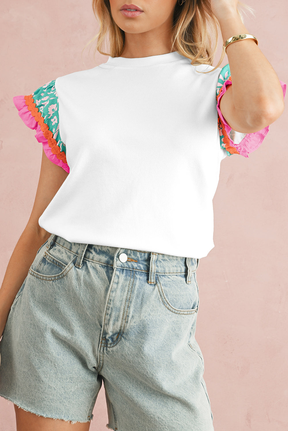 White Color Block Floral Print Ruffle Sleeve Blouse