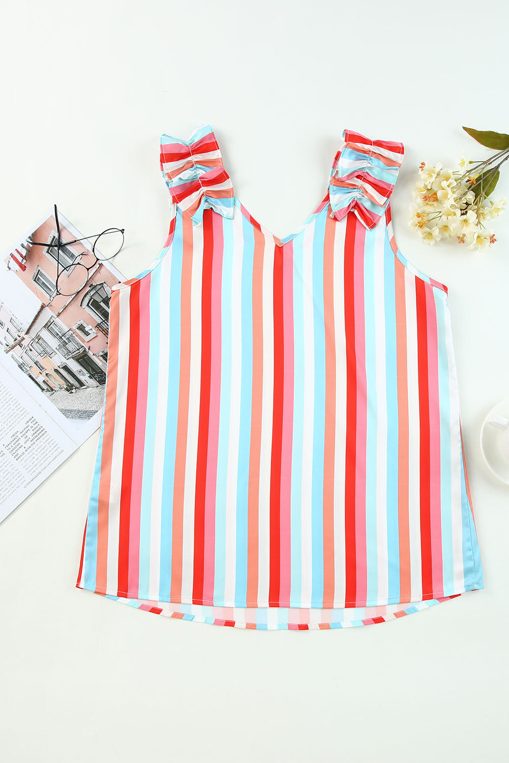 Multicolor Striped V Neck Ruffle Straps Sleeveless Shirt