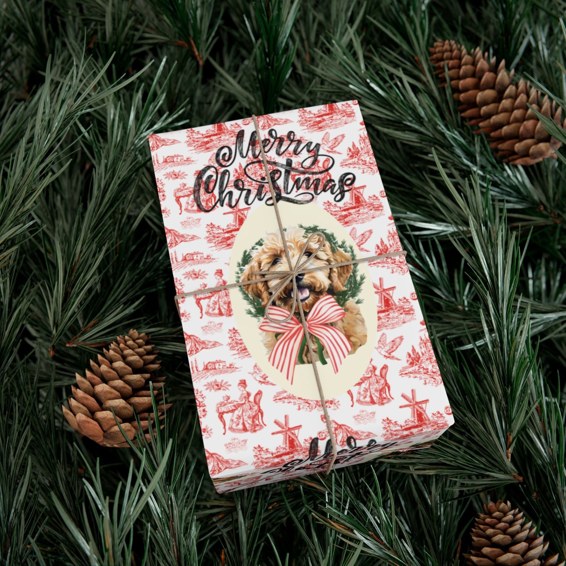 Vintage Red Toile Goldendoodle Christmas Wrapping Paper Printify