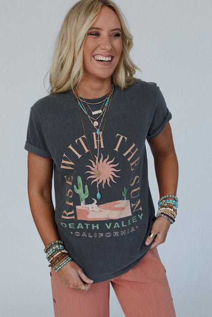 Dark Grey RISE WITH THE SUN Western Fashion Graphic Tee - Greta Bean & Co.