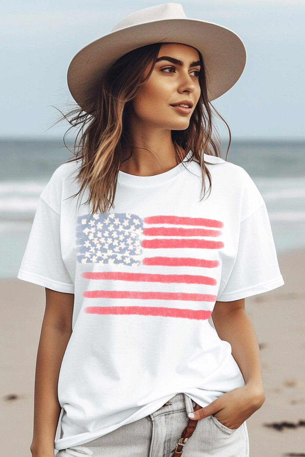 White American Flag Star & Stripe Graphic Crewneck Tee