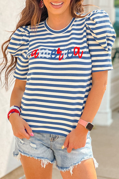 Striped America Cursive Puff Sleeve shirt - Greta Bean & Co.