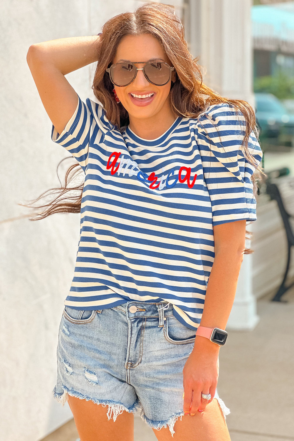 Striped America Cursive Puff Sleeve shirt - Greta Bean & Co.