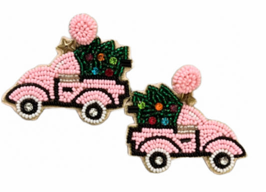 Pink Christmas Car Beaded Earrings