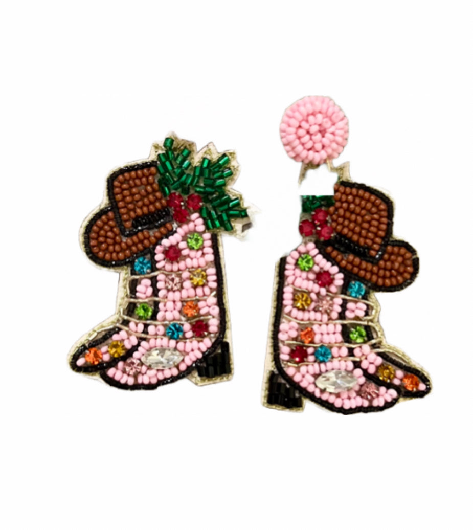 Pink Cowboy Boots Beaded Earrings