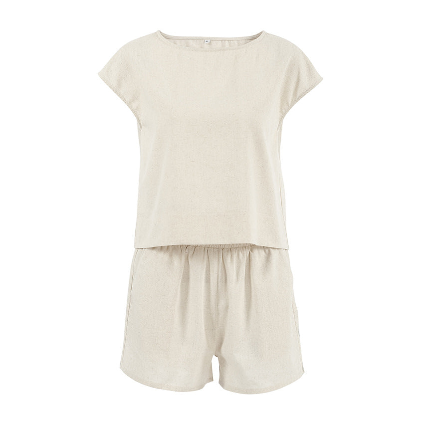 Women's Khaki Cotton and Linen Drop-shoulder Two-piece Set