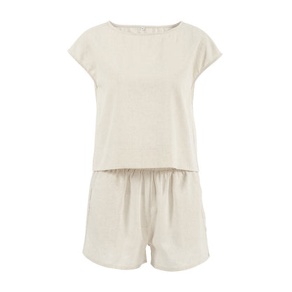 Women's Khaki Cotton and Linen Drop-shoulder Two-piece Set