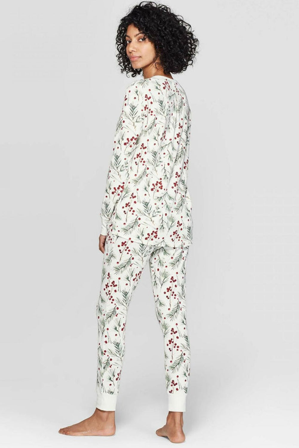 White Holly Print Thermal Pullover Pants Lounge Set