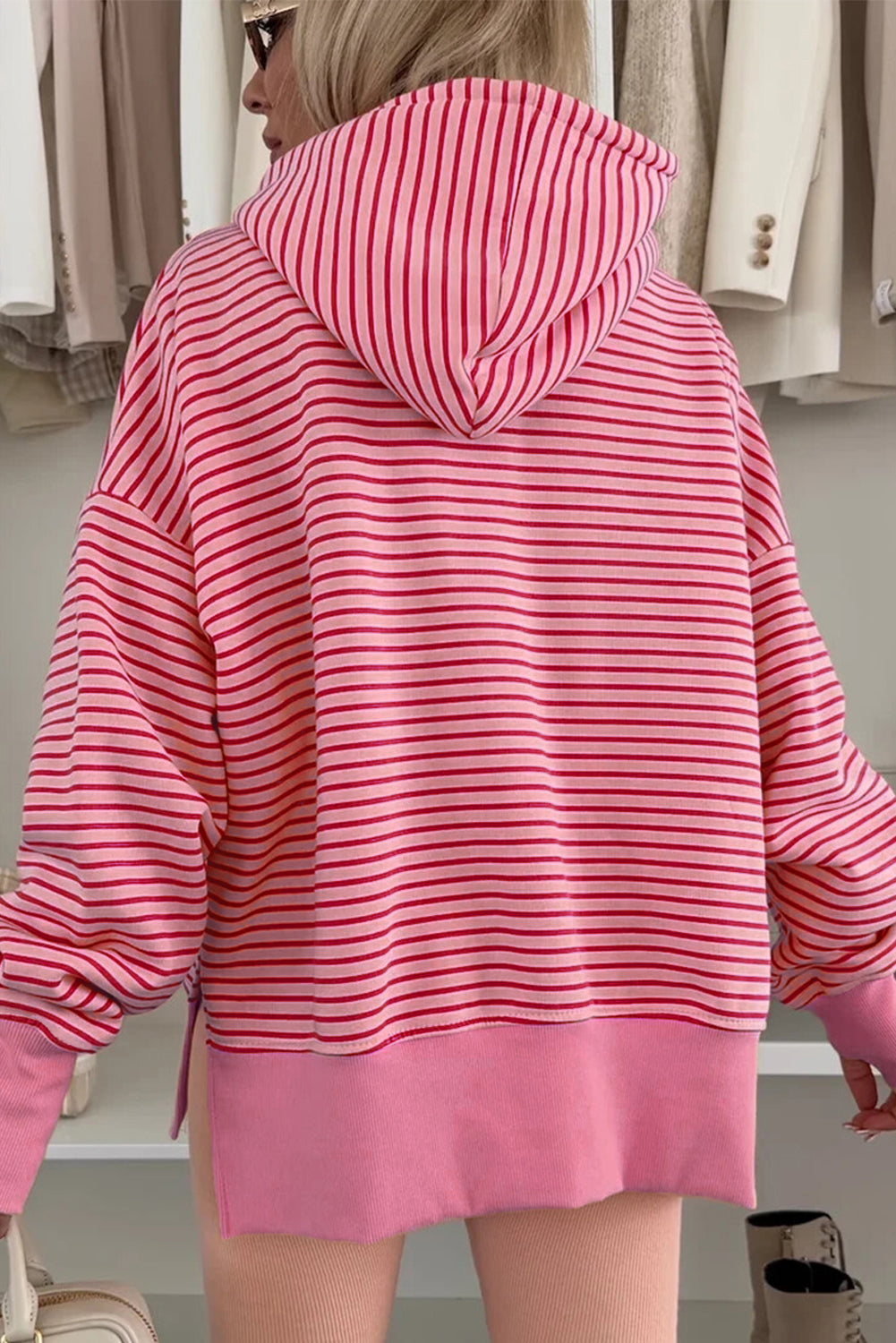 Rose Stripe Thumbhole Side Slits Drop Shoulder Loose Fit Hoodie Shewin