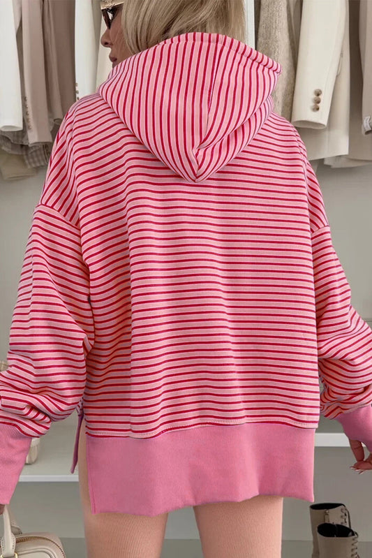 Rose Stripe Thumbhole Side Slits Drop Shoulder Loose Fit Hoodie Shewin