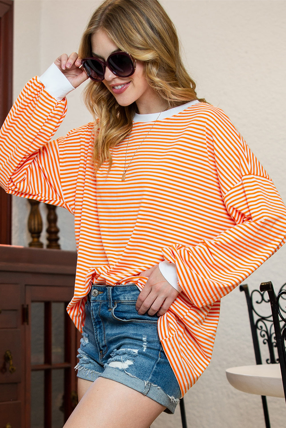 Gameday Orange & White Striped Contrast Trim Drop Sleeve Sweatshirt