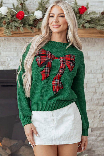 Evergreen Plaid Bow Graphic Christmas Sweater Dear-Lover Dropshipping