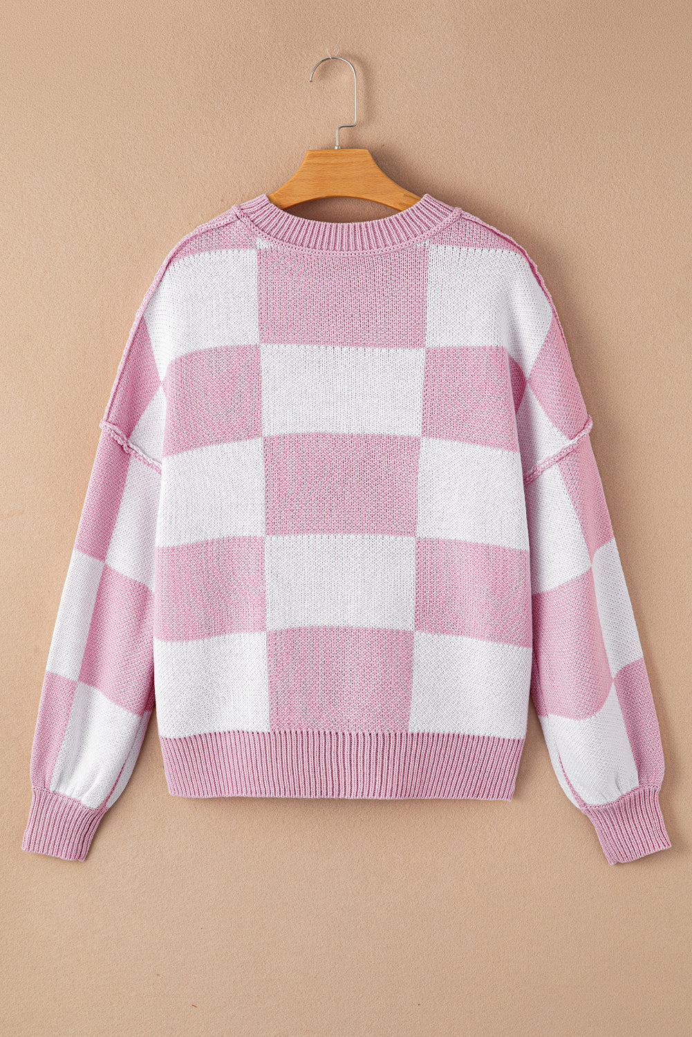 Pink Checked Bishop Sleeve Pullover Sweater