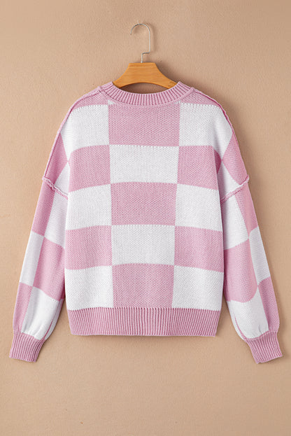 Pink Checked Bishop Sleeve Pullover Sweater