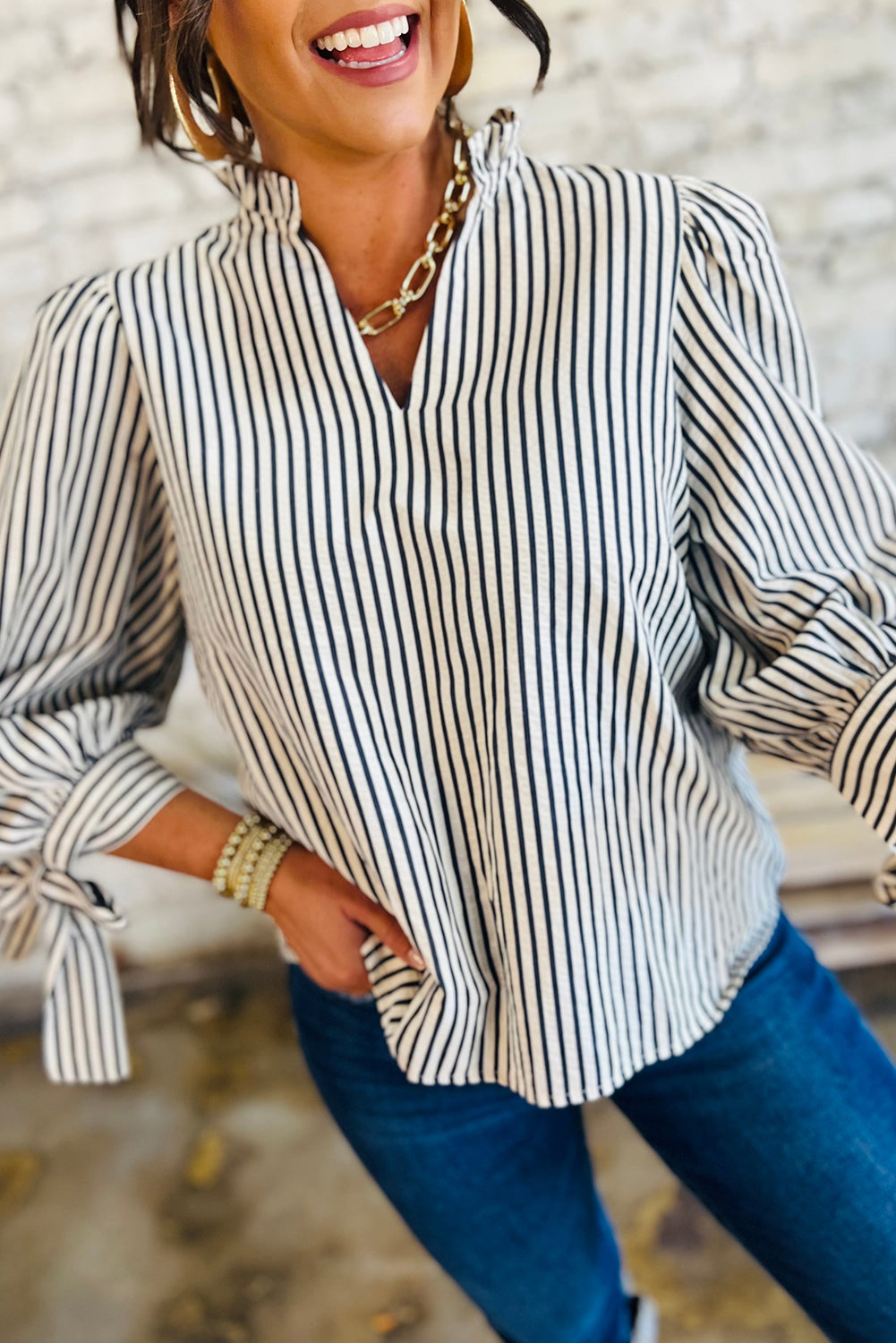 Black Stripe Frill V Neck Knot Cuffs Blouse Shewin