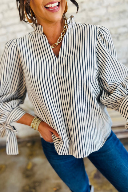 Black Stripe Frill V Neck Knot Cuffs Blouse Shewin