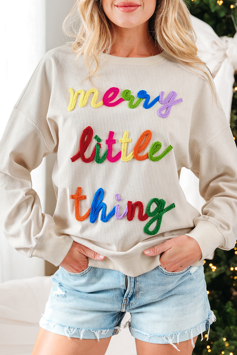 Beige merry little thing Corded Letter Graphic Ribbed Loose Sweatshirt Dear-Lover Dropshipping