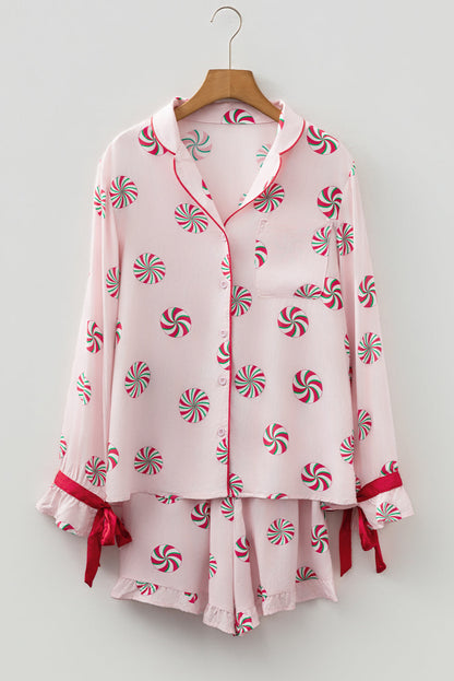 Pink Christmas Candy Contrast Trim Bow Knot Silky 2pcs Pajama Set Dear-Lover Dropshipping