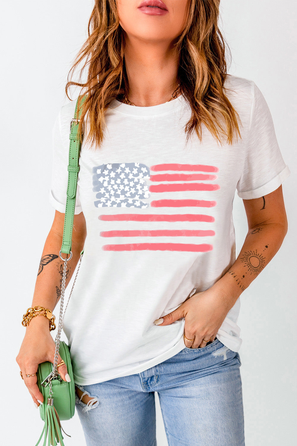 White American Flag Star & Stripe Graphic Crewneck Tee