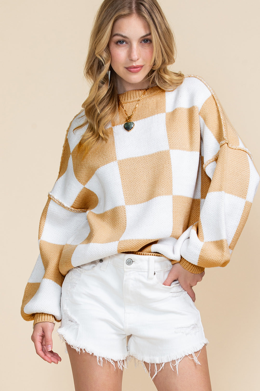 Khaki Plaid Bishop Sleeve Pullover Sweater