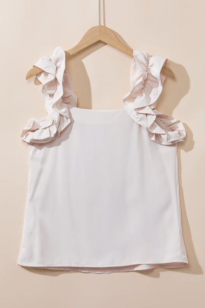 Oatmeal Solid Ruffle Trim Sleeveless Blouse