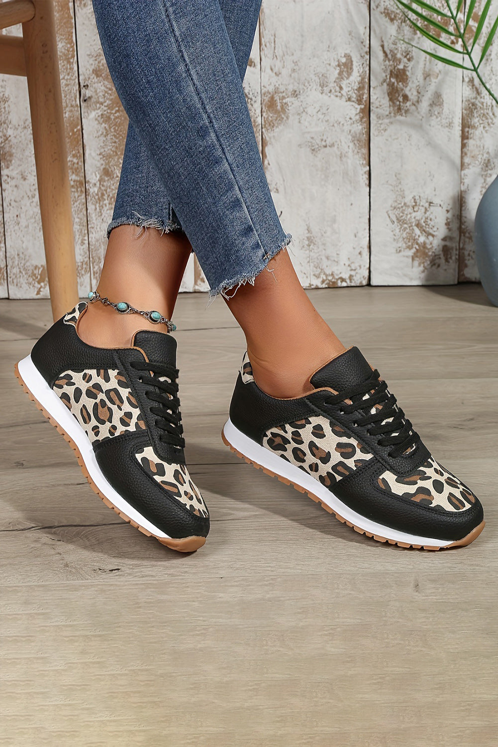 Black Casual Leopard Patchwork Lace up Sneakers