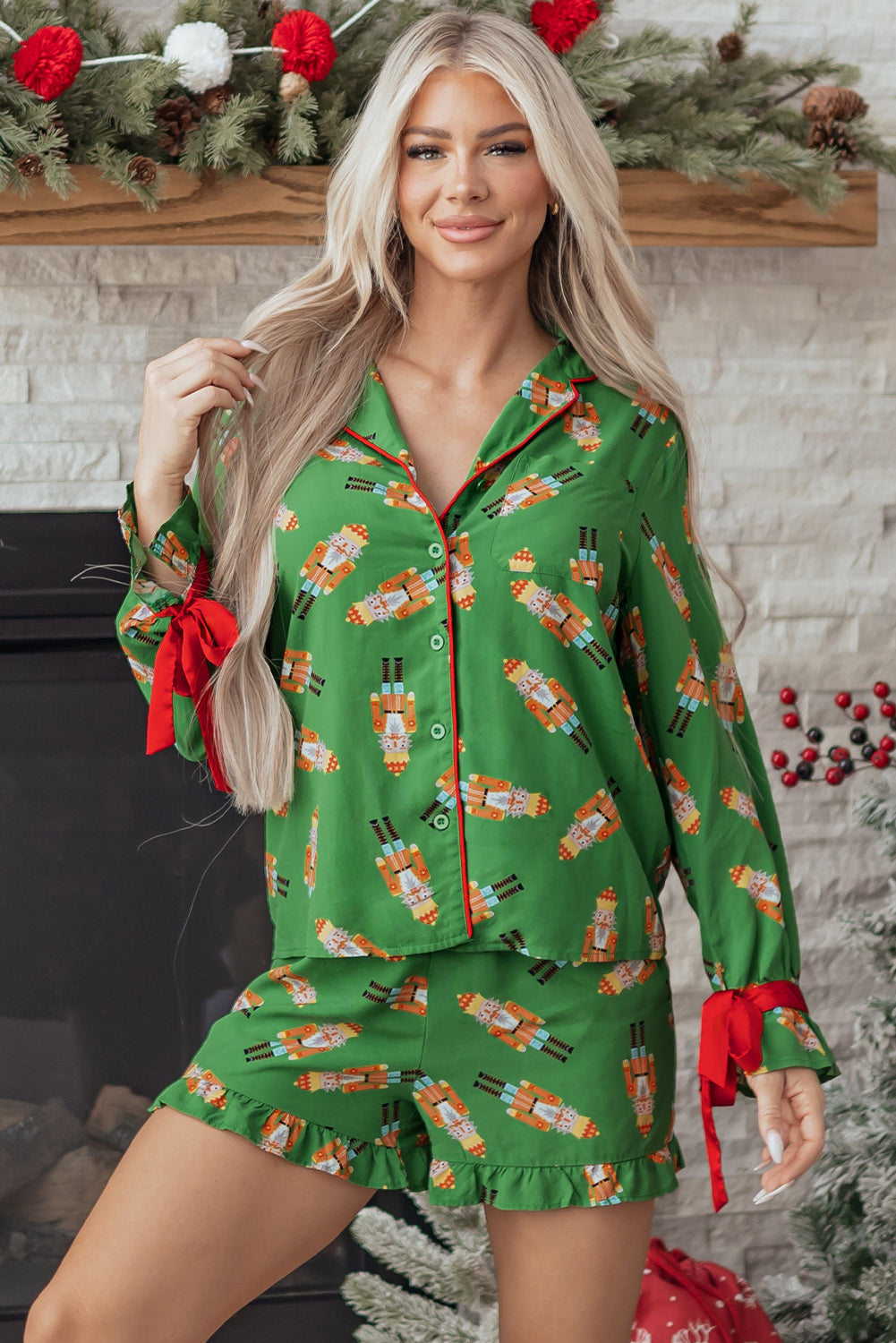 Pink Christmas Candy Contrast Trim Bow Knot Silky 2pcs Pajama Set Dear-Lover Dropshipping