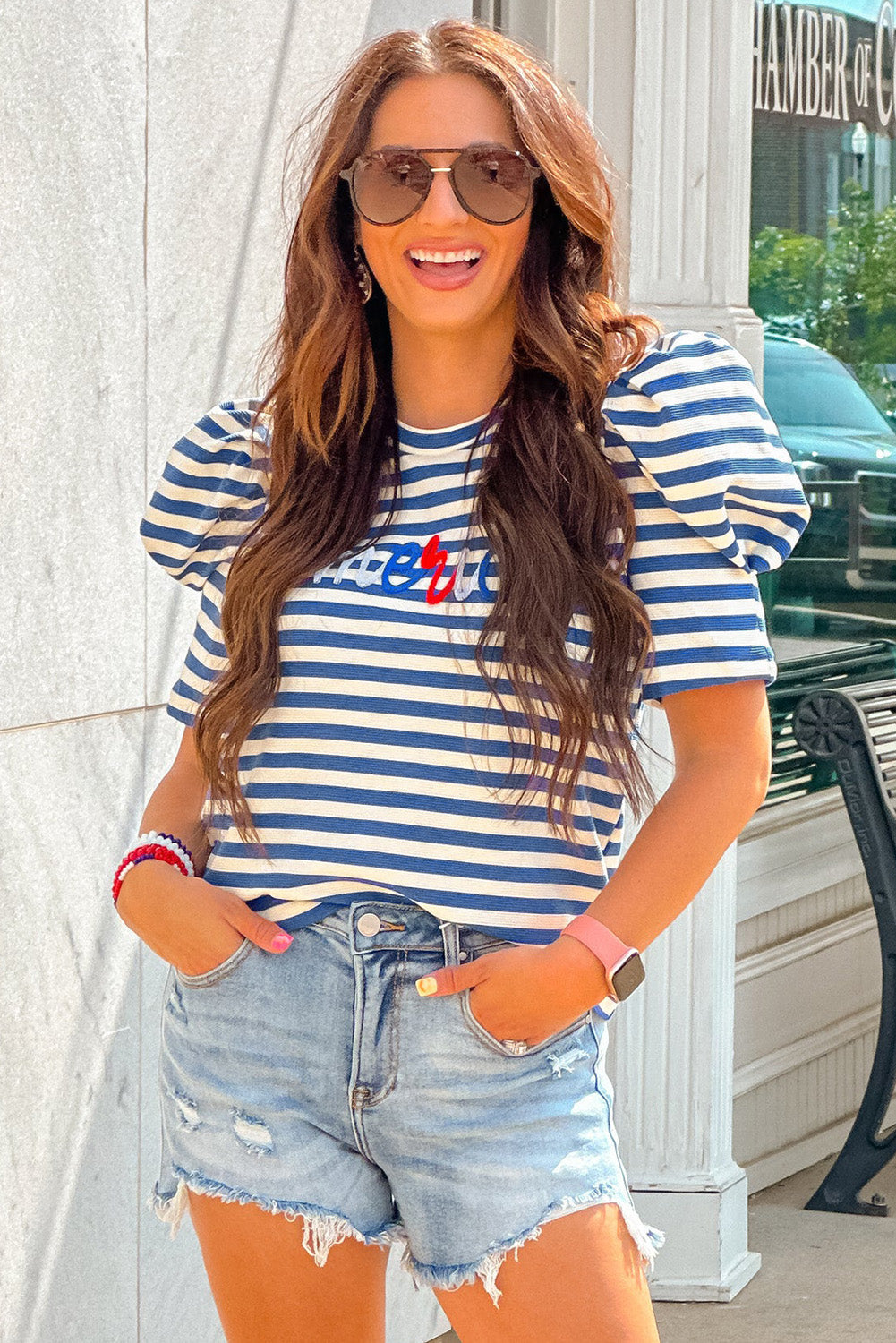 Striped America Cursive Puff Sleeve shirt - Greta Bean & Co.