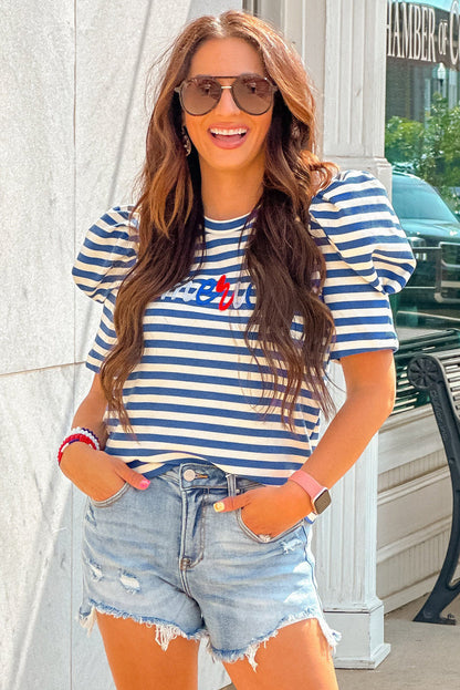 Striped America Cursive Puff Sleeve shirt - Greta Bean & Co.