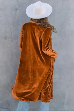 Rust Velvet Lapel Pocket Long Coat